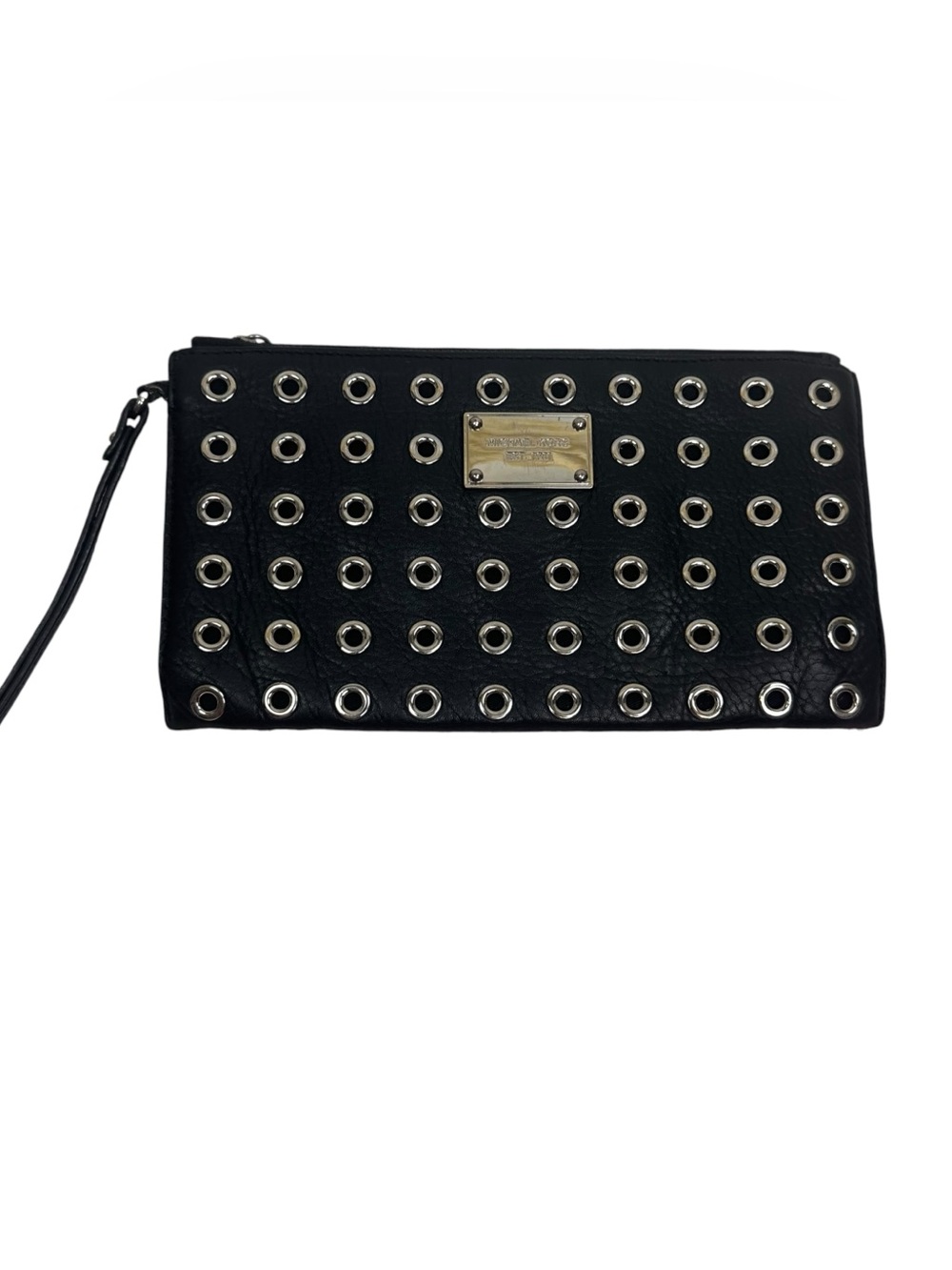 Michael Kors Black Pebbled Leather Wristlet Metal Gromet Eyelet Accent